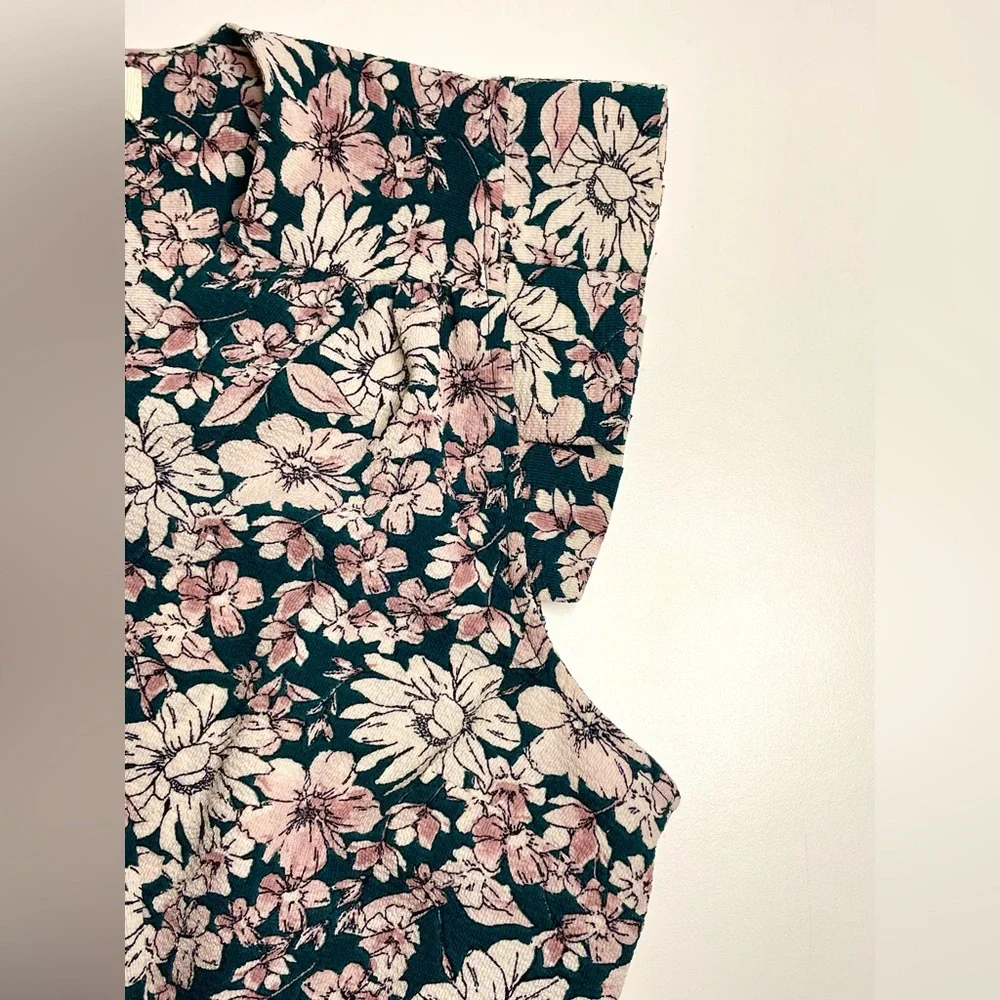 Monteau Floral V-Neck Faux Wrap Ties Peplum Blouse Flutter Sleeve in Pink Green - Picture 4 of 8